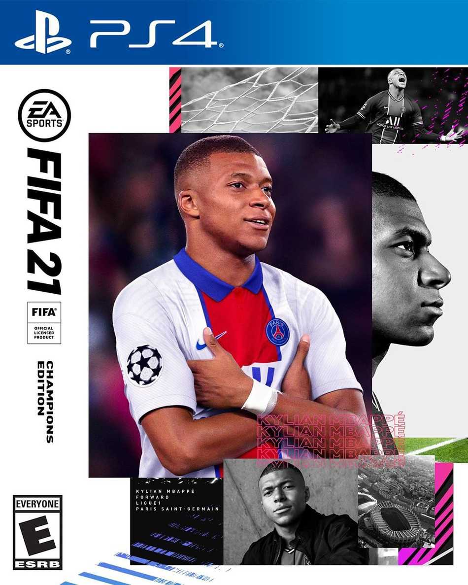 姆巴佩目光如炬凝视前方，身披巴黎圣日耳曼战袍，在FIFA21封面海报中散发出未来领袖的逼人英气。