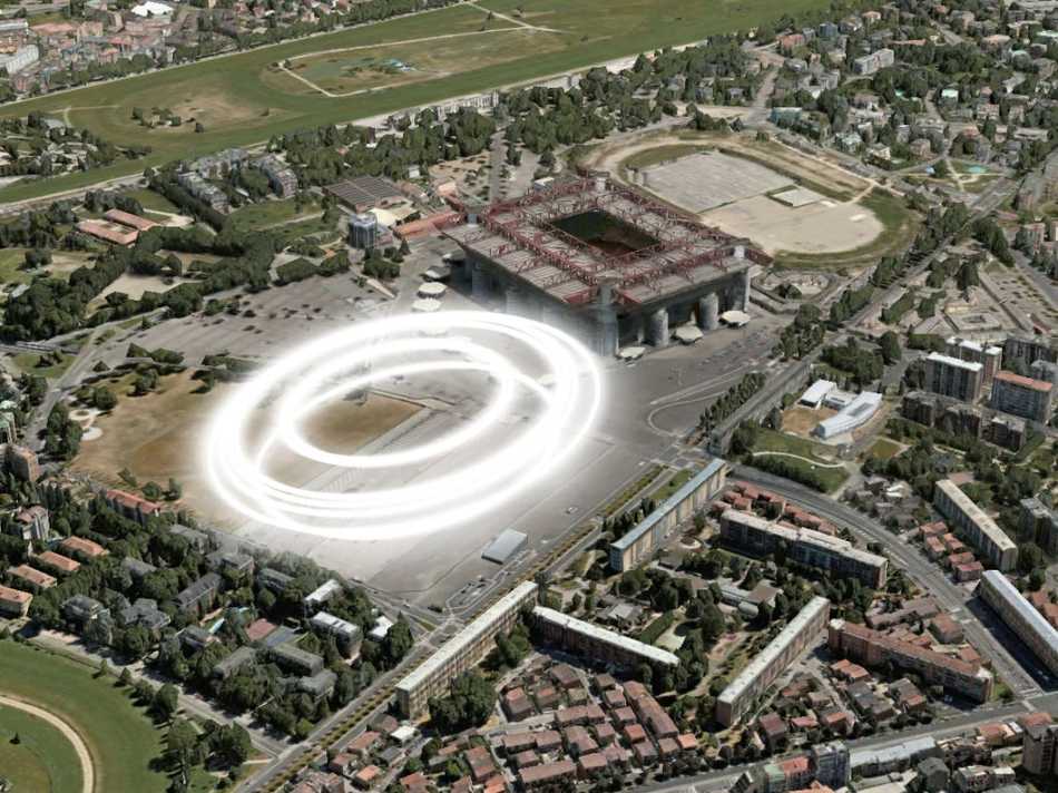 新球场建筑外观细节图，流线型的金属结构与玻璃幕墙交织，在蓝天白云下折射出璀璨光芒。透明的球员通道区域尤为醒目，未来会员球迷将在此近距离目睹球星们赛前最后时刻的专注神情。