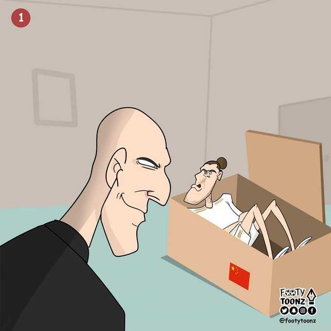 漫画描绘了皇马主席弗洛伦蒂诺和江苏苏宁老板在转会窗口两端，像拔河一样拉扯着身穿皇马球衣的贝尔。贝尔则一脸茫然，手里还紧紧握着一根高尔夫球杆，仿佛这场争夺战与他无关。