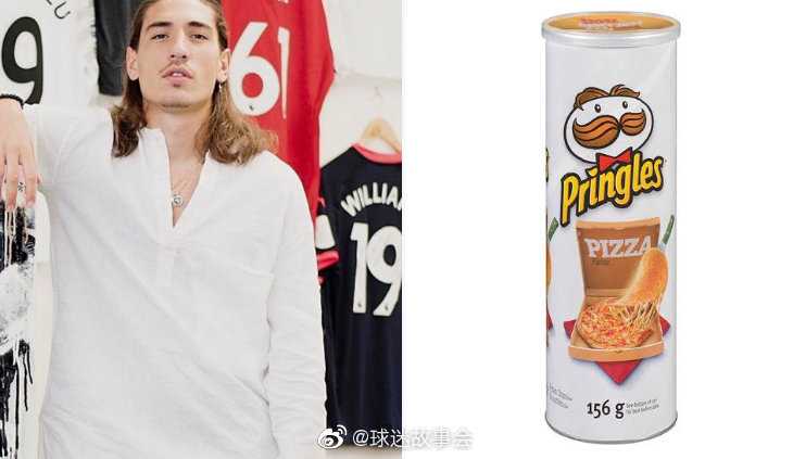 贝莱林身着彩色条纹上衣神情酷飒，旁边P上了同款配色的品客薯片罐子，两者相似度高达百分之九十