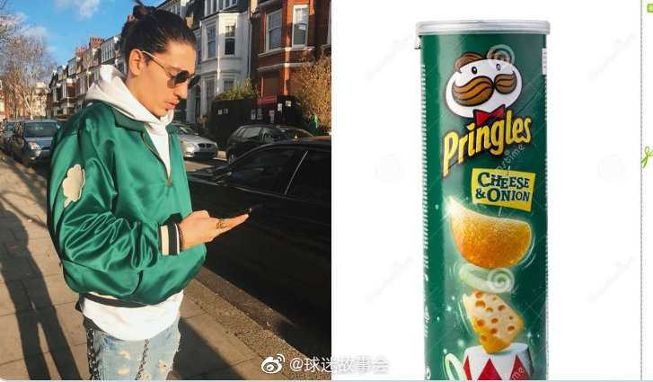 终极对比图，一边是T台上光鲜亮丽的贝莱林，另一边是超市货架上摆满的彩色薯片，次元壁彻底破裂